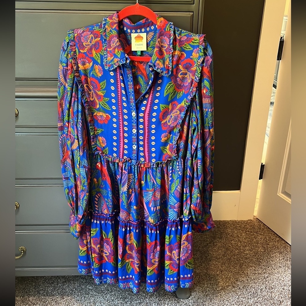 Farm Rio Blue Macaw floral mini dress size medium
